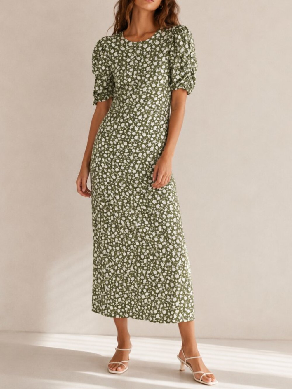 Free People Sage Green & White Floral Cutout Back Midi Dress S